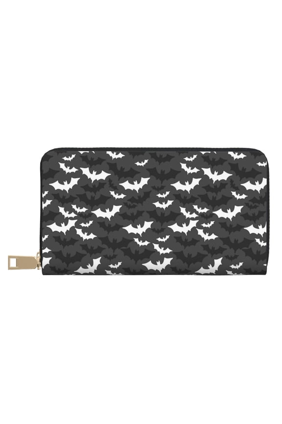 Leather Thin Slim Wallets for Women Men - Halloween Bats grey cool Clutch Card Wallet for Women Men with Zipper