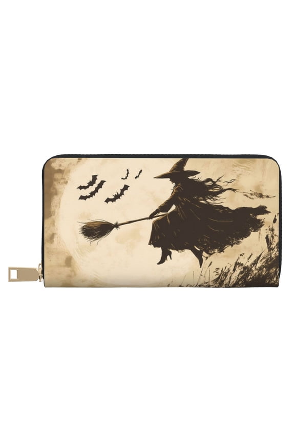 Leather Thin Slim Wallets for Women Men - Halloween Broomstick Witch Flying Clutch Card Wallet for Women Men with Zipper