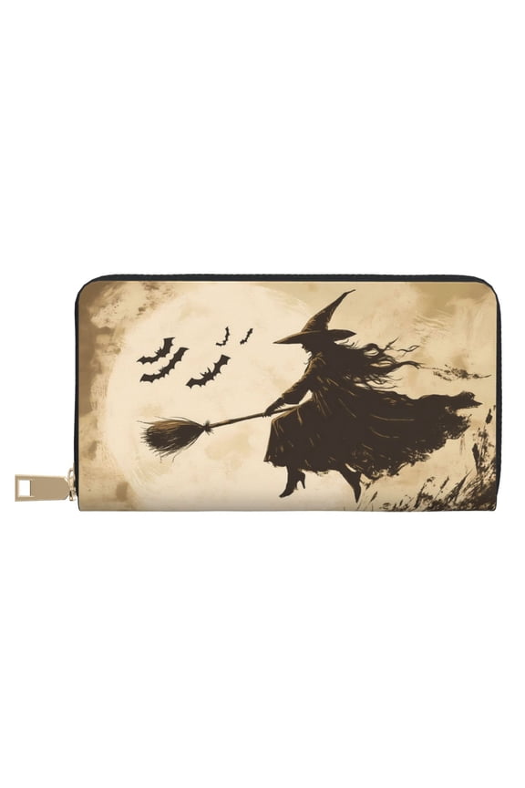 Leather Thin Slim Wallets for Women Men - Halloween Broomstick Witch Flying Clutch Card Wallet for Women Men with Zipper