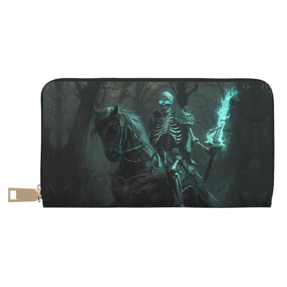 Leather Thin Slim Wallets for Women Men - Halloween Cold Flame Knight Clutch Card Wallet for Women Men with Zipper
