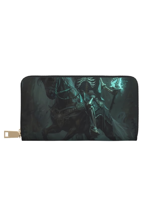 Leather Thin Slim Wallets for Women Men - Halloween Cold Flame Knight Clutch Card Wallet for Women Men with Zipper