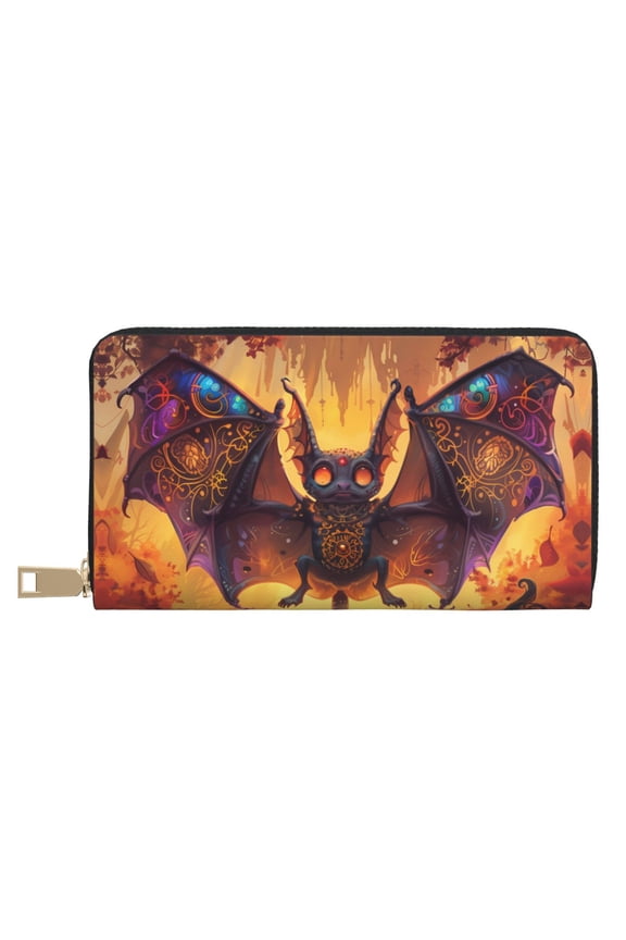 Leather Thin Slim Wallets for Women Men - Halloween Colorful Bat Clutch Card Wallet for Women Men with Zipper