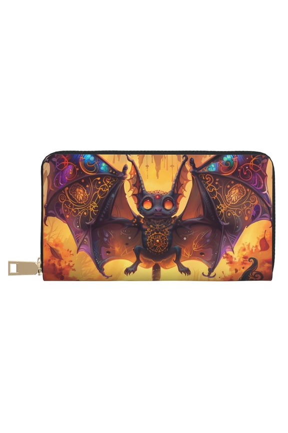 Leather Thin Slim Wallets for Women Men - Halloween Colorful Bat Clutch Card Wallet for Women Men with Zipper