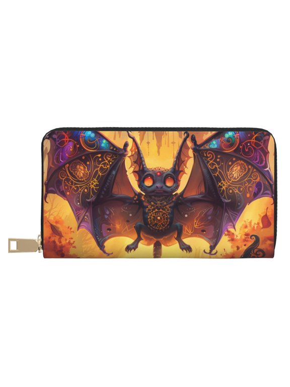 Leather Thin Slim Wallets for Women Men - Halloween Colorful Bat Clutch Card Wallet for Women Men with Zipper