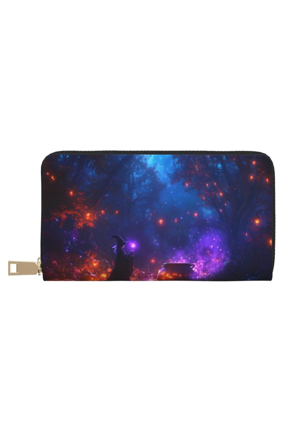 Leather Thin Slim Wallets for Women Men - Halloween Colorful Forest Witch Clutch Card Wallet for Women Men with Zipper