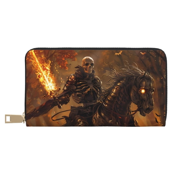 Leather Thin Slim Wallets for Women Men - Halloween Cool Skeleton Knight Clutch Card Wallet for Women Men with Zipper