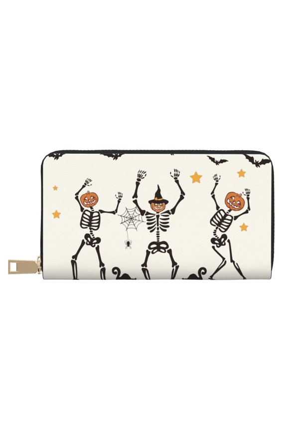 Leather Thin Slim Wallets for Women Men - Halloween Dancing Funny Skull Clutch Card Wallet for Women Men with Zipper