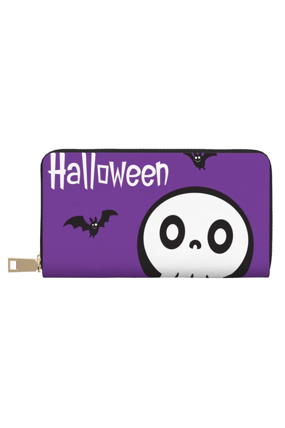 Leather Thin Slim Wallets for Women Men - Halloween Funny Skeleton Purple Clutch Card Wallet for Women Men with Zipper
