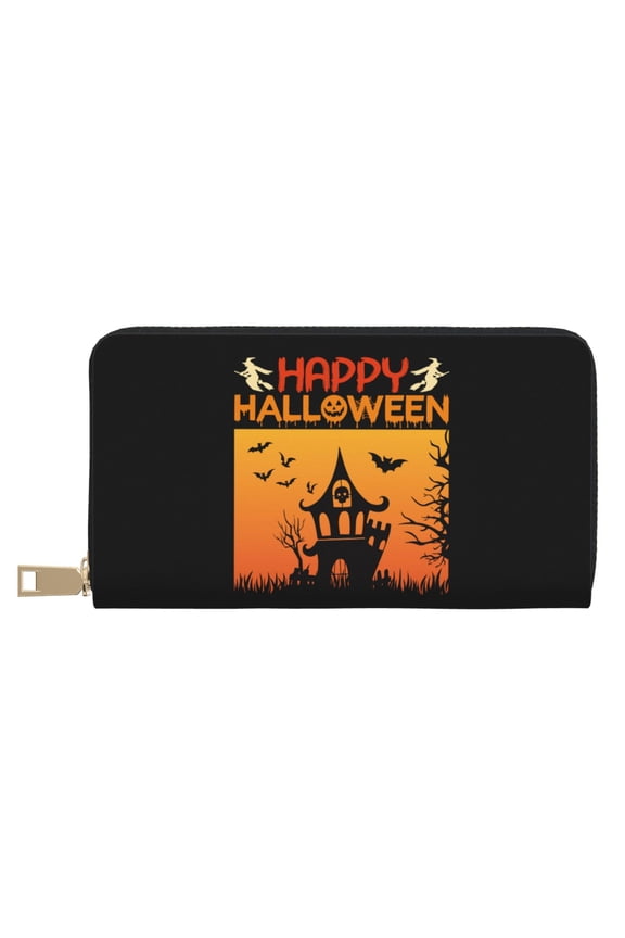 Leather Thin Slim Wallets for Women Men - Halloween Happy E Clutch Card Wallet for Women Men with Zipper