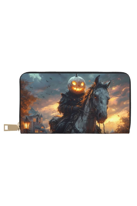Leather Thin Slim Wallets for Women Men - Halloween Headless Horseman Ride Clutch Card Wallet for Women Men with Zipper