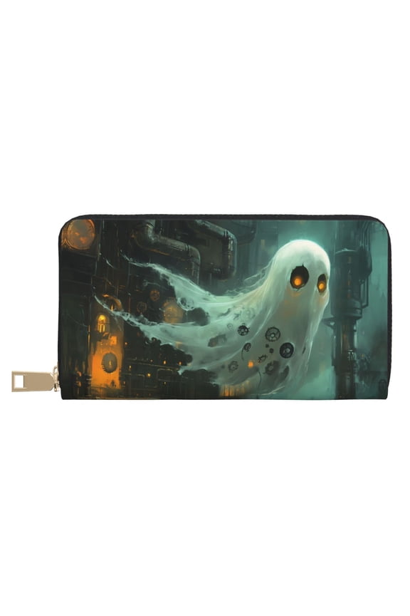 Leather Thin Slim Wallets for Women Men - Halloween Mechanical Ghost Clutch Card Wallet for Women Men with Zipper
