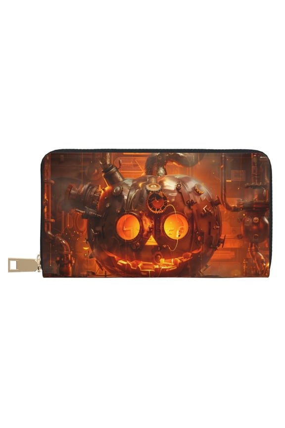 Leather Thin Slim Wallets for Women Men - Halloween Mechanical Pumpkin Clutch Card Wallet for Women Men with Zipper