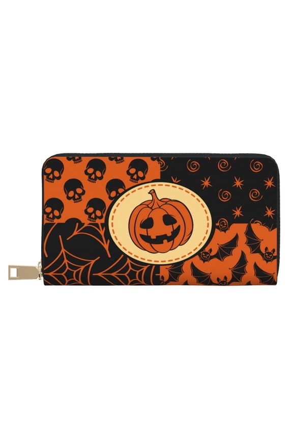 Leather Thin Slim Wallets for Women Men - Halloween Orange Elements Clutch Card Wallet for Women Men with Zipper