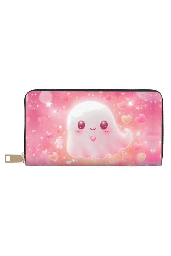 Leather Thin Slim Wallets for Women Men - Halloween Pink Cute Ghost B Clutch Card Wallet for Women Men with Zipper