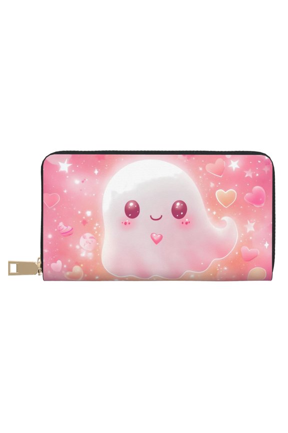 Leather Thin Slim Wallets for Women Men - Halloween Pink Cute Ghost B Clutch Card Wallet for Women Men with Zipper