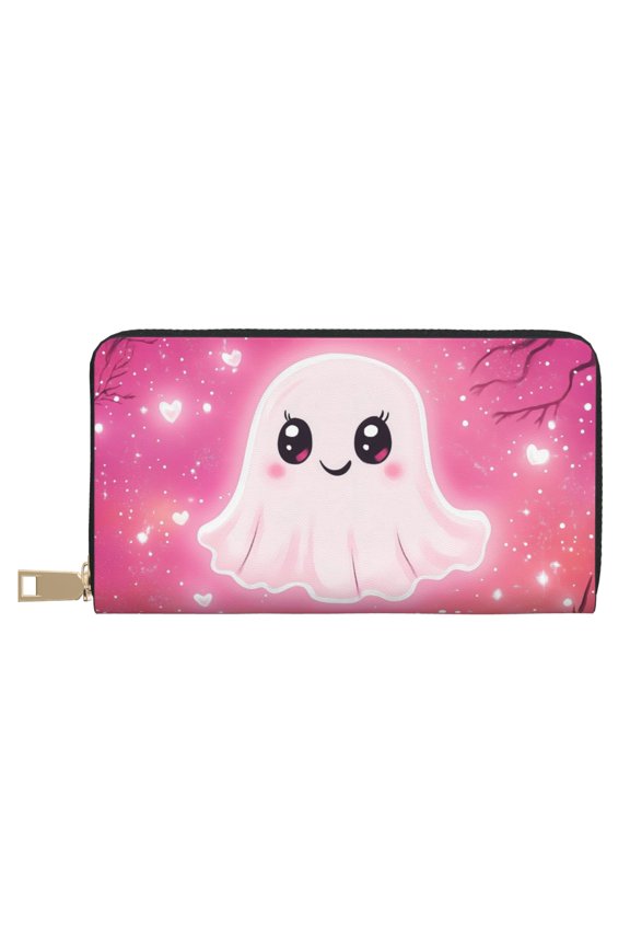 Leather Thin Slim Wallets for Women Men - Halloween Pink Cute Ghost C Clutch Card Wallet for Women Men with Zipper