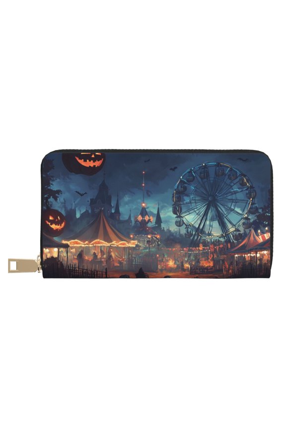 Leather Thin Slim Wallets for Women Men - Halloween Pumpkin Amusement Park Clutch Card Wallet for Women Men with Zipper