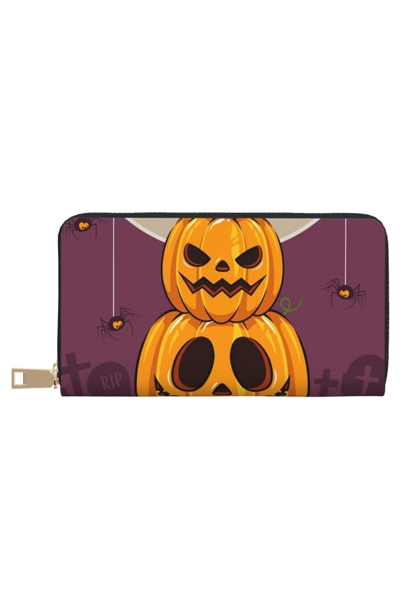 Leather Thin Slim Wallets for Women Men - Halloween Pumpkin Trick or Treat Clutch Card Wallet for Women Men with Zipper