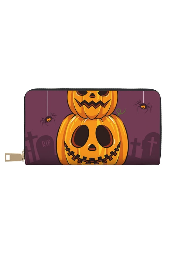 Leather Thin Slim Wallets for Women Men - Halloween Pumpkin Trick or Treat Clutch Card Wallet for Women Men with Zipper