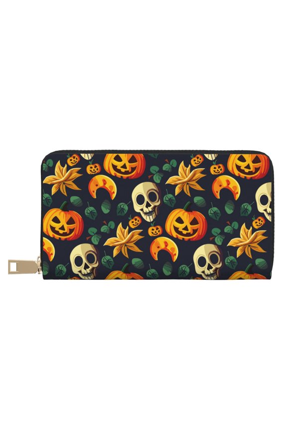 Leather Thin Slim Wallets for Women Men - Halloween Skull Clutch Card Wallet for Women Men with Zipper