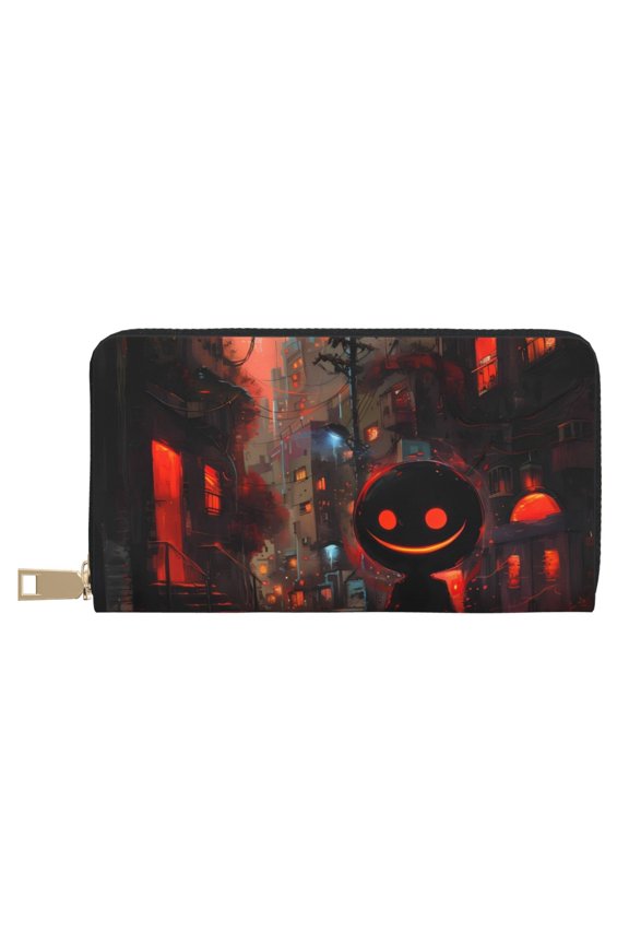 Leather Thin Slim Wallets for Women Men - Halloween Sunset Ghost Clutch Card Wallet for Women Men with Zipper