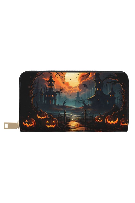 Leather Thin Slim Wallets for Women Men - Halloween Sunset Pumpkin Clutch Card Wallet for Women Men with Zipper