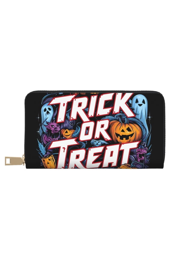 Leather Thin Slim Wallets for Women Men - Halloween Trick or Treat Pumpkins Clutch Card Wallet for Women Men with Zipper