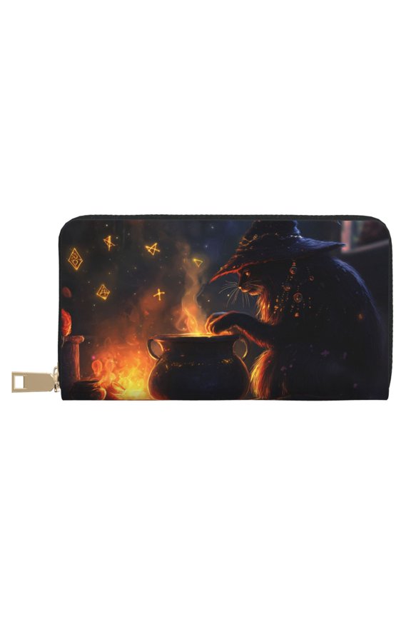 Leather Thin Slim Wallets for Women Men - Halloween Vintage Black Cat Witch Clutch Card Wallet for Women Men with Zipper