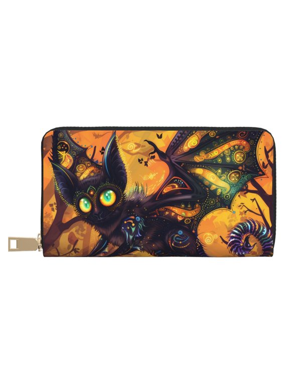 Leather Thin Slim Wallets for Women Men - Halloween Vintage Colorful Bat Clutch Card Wallet for Women Men with Zipper