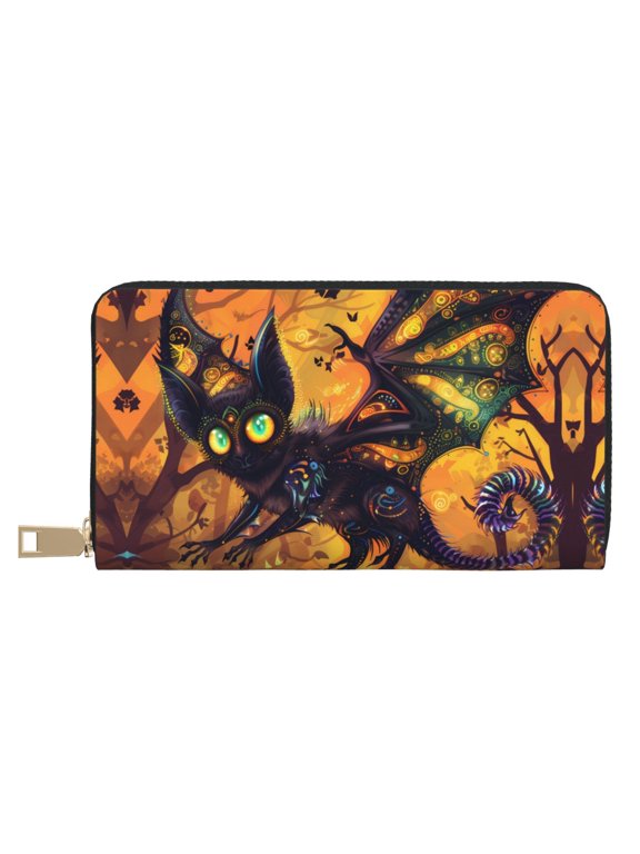 Leather Thin Slim Wallets for Women Men - Halloween Vintage Colorful Bat Clutch Card Wallet for Women Men with Zipper
