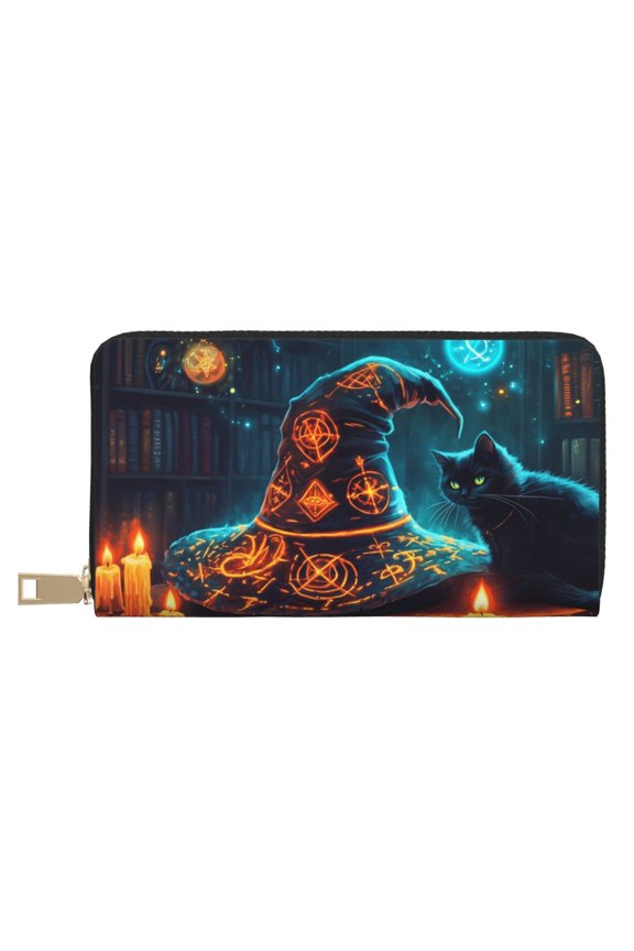 Leather Thin Slim Wallets for Women Men - Halloween Vintage Witch Hat Black Cat Clutch Card Wallet for Women Men with Zipper
