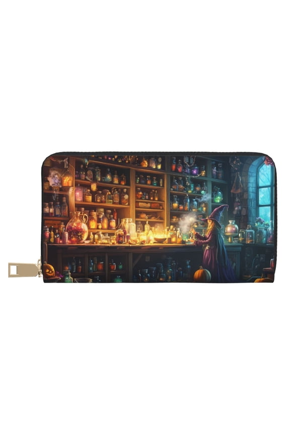 Leather Thin Slim Wallets for Women Men - Halloween Witch Candy House Clutch Card Wallet for Women Men with Zipper