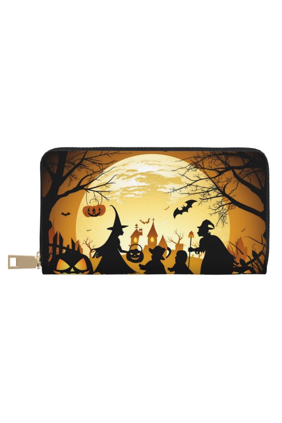 Leather Thin Slim Wallets for Women Men - Halloween Witch Family Clutch Card Wallet for Women Men with Zipper