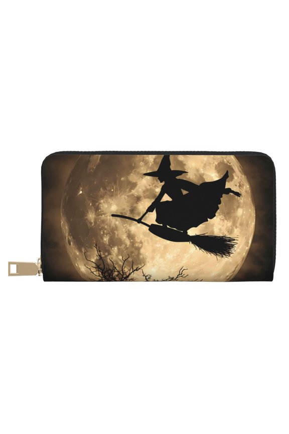 Leather Thin Slim Wallets for Women Men - Halloween Witch Full Moon Flight Clutch Card Wallet for Women Men with Zipper