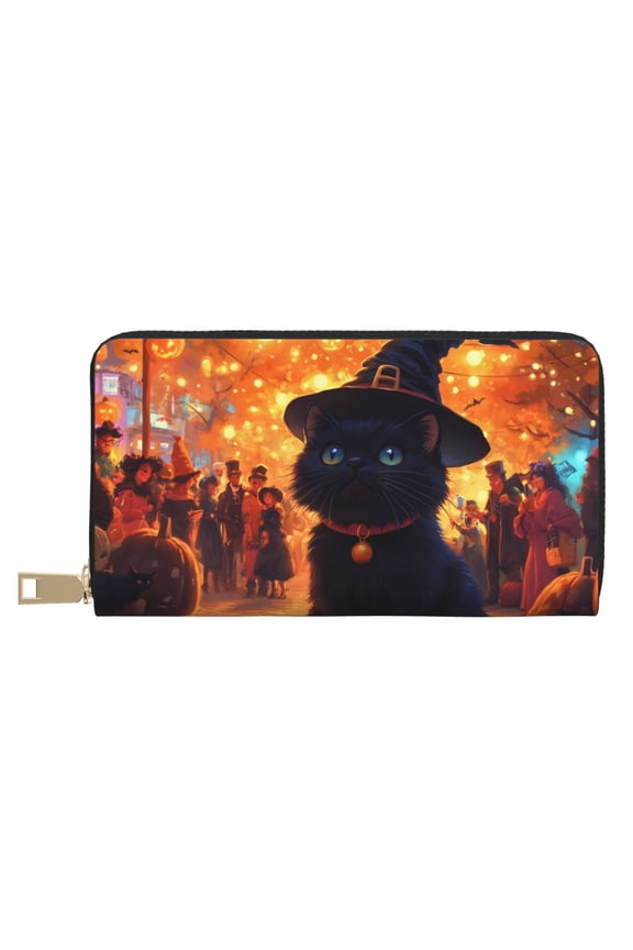 Leather Thin Slim Wallets for Women Men - Halloween Witch Hat Black Cat Market Clutch Card Wallet for Women Men with Zipper