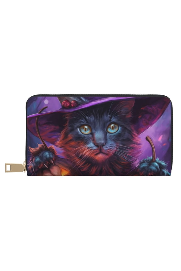 Leather Thin Slim Wallets for Women Men - Halloween Witch Hat Cat Clutch Card Wallet for Women Men with Zipper