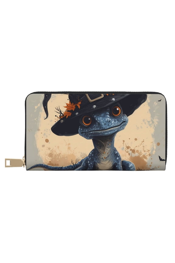 Leather Thin Slim Wallets for Women Men - Halloween Witch Hat Lizard Clutch Card Wallet for Women Men with Zipper