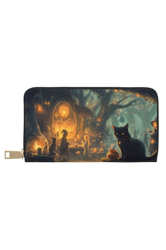Leather Thin Slim Wallets for Women Men - Halloween Witch and Black Cat Clutch Card Wallet for Women Men with Zipper