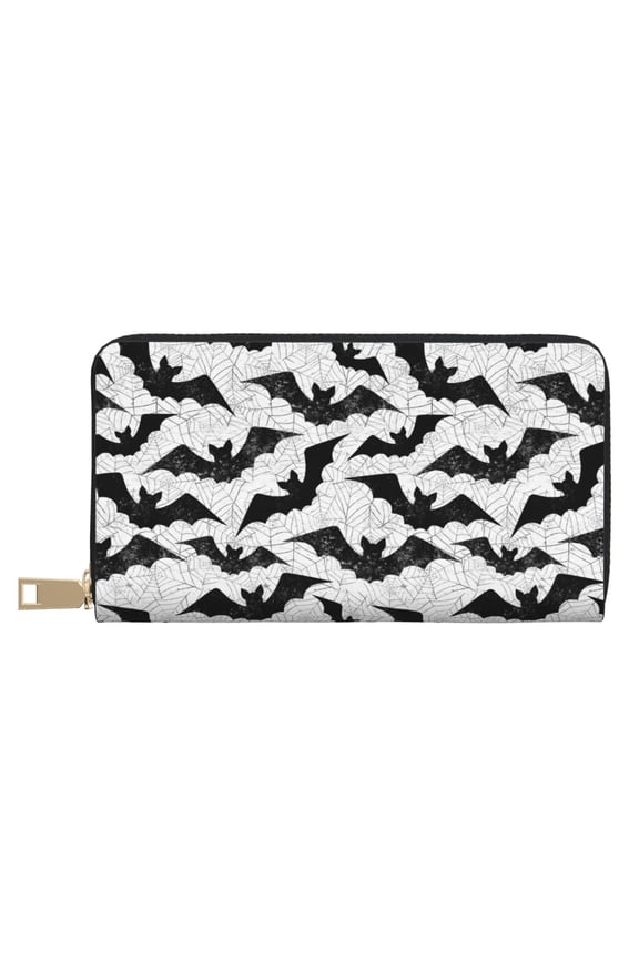 Leather Thin Slim Wallets for Women Men - Halloween bats spiderweb cool Clutch Card Wallet for Women Men with Zipper