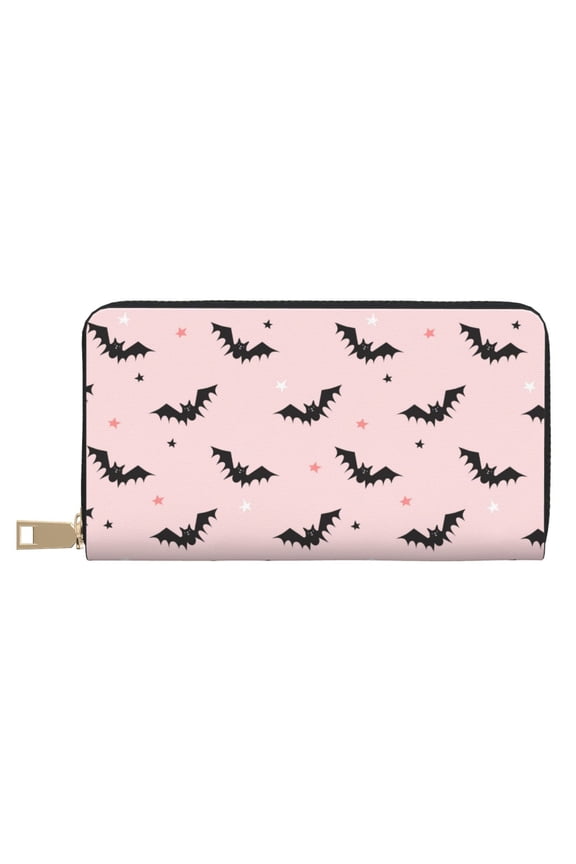 Leather Thin Slim Wallets for Women Men - Halloween black bats star pink Clutch Card Wallet for Women Men with Zipper