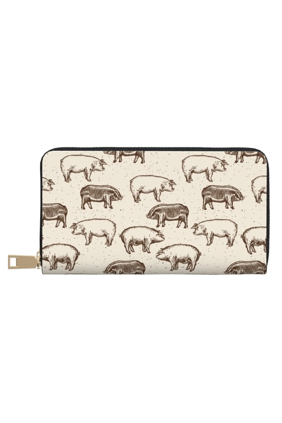 Leather Thin Slim Wallets for Women Men - Hand Drawn Cartoon Pig Clutch Card Wallet for Women Men with Zipper