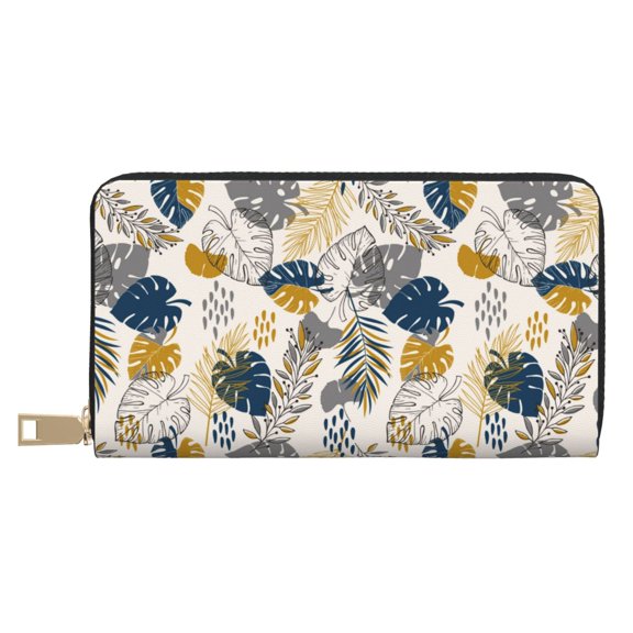 Leather Thin Slim Wallets for Women Men - Hawaiian Style Gold Leaves Clutch Card Wallet for Women Men with Zipper