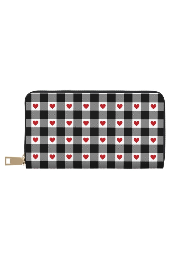 Leather Thin Slim Wallets for Women Men - Heart Black Buffalo Plaid Gingham Clutch Card Wallet for Women Men with Zipper