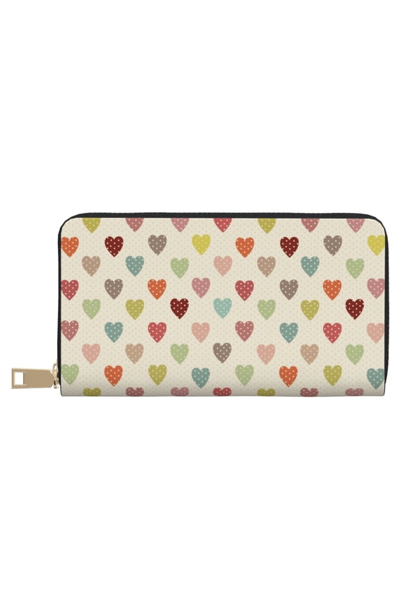 Leather Thin Slim Wallets for Women Men - Heart Polka Dot Clutch Card Wallet for Women Men with Zipper