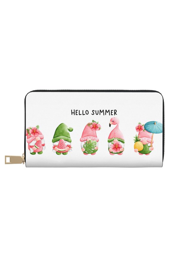 Leather Thin Slim Wallets for Women Men - Hello Summer Gnome Clutch Card Wallet for Women Men with Zipper