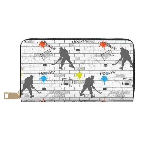 Leather Thin Slim Wallets for Women Men - Hockey players funny Clutch Card Wallet for Women Men with Zipper