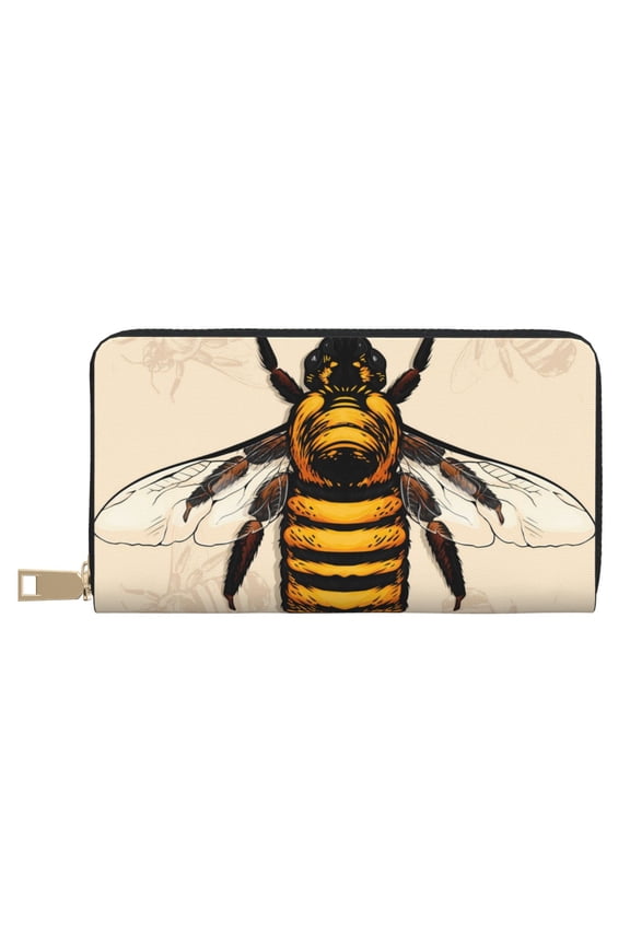 Leather Thin Slim Wallets for Women Men - Honey Bee Clutch Card Wallet for Women Men with Zipper