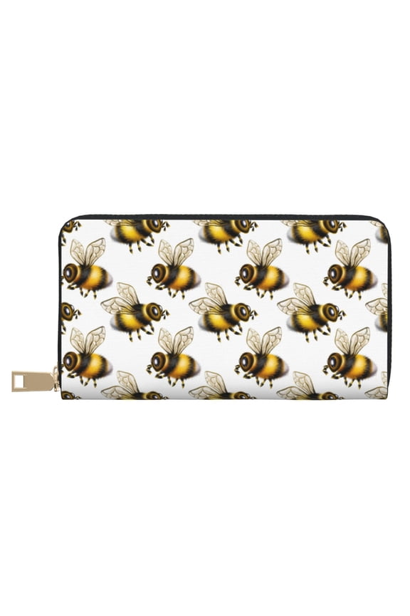 Leather Thin Slim Wallets for Women Men - Honey Bee Realistic cute Clutch Card Wallet for Women Men with Zipper