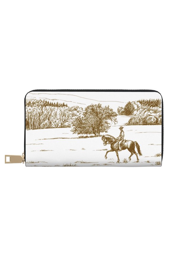Leather Thin Slim Wallets for Women Men - Horse Rider In Field Clutch Card Wallet for Women Men with Zipper