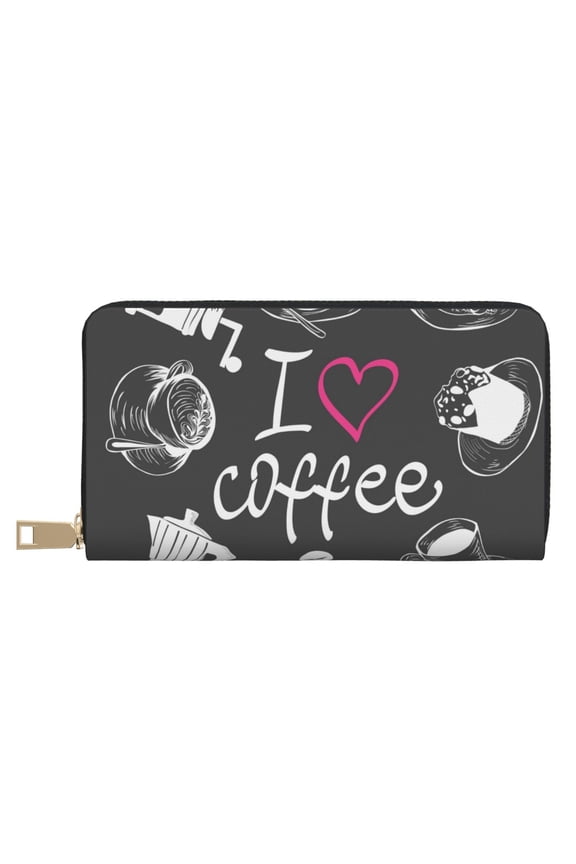 Leather Thin Slim Wallets for Women Men - I Love Coffee Clutch Card Wallet for Women Men with Zipper